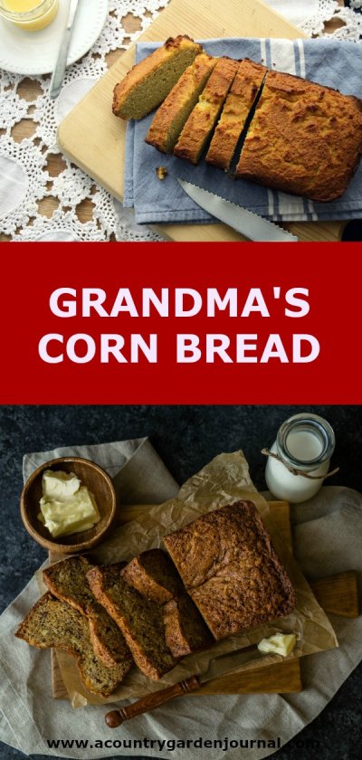 Sliced Corn Bread on a Blue and White Towel on a White Doilie. Two Knives and Butter. Sliced Corn Bread on a Cutting Board with Butter, Milk, and a Knife. Rust Colored Background. Text Reads: Grandma's Corn Bread