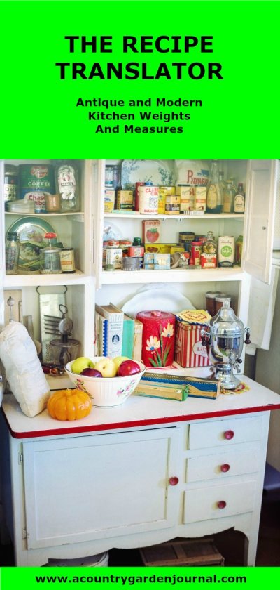Vintage Kitchen Cabinet Filled With Antique Kitchen Utensils and Ingredients. Green Background. Text Reads: The Recipe Translator, Antique and Modern Kitchen Weights and Measures