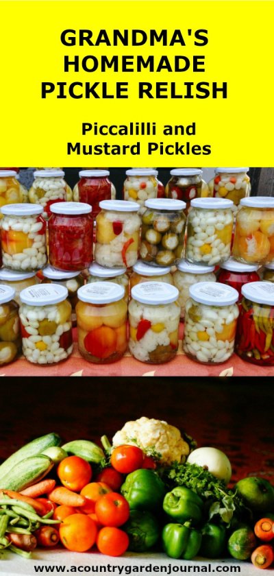 Colorful Variety of Pickled Vegetables. Display of Colorful Vegetables. Yellow Background. Text Reads: Grandma's Homemade Pickle Relish, Piccalilli and Mustard Pickles