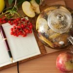 GARDEN PLANNER, TEA KETTLE, AND APPLES ON TABLE